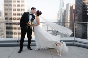 A man and woman kissing on a rooftop with their dog captured beautifully by Chicago wedding photographer, Beloveful Photography.