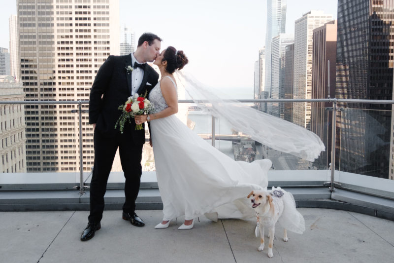 A man and woman kissing on a rooftop with their dog captured beautifully by Chicago wedding photographer, Beloveful Photography.