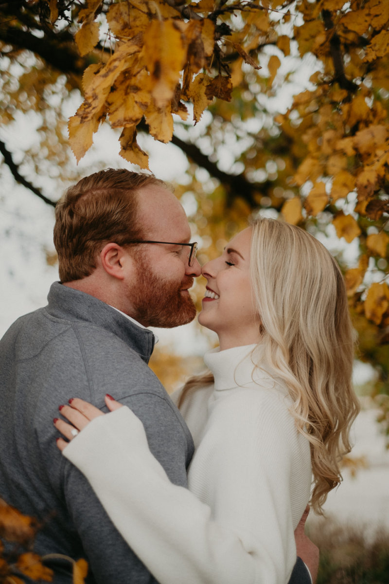 A couple kissing under a tree captured by Beloveful Photography, Chicago engagement photographer.