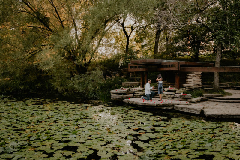 A couple standing on a wooden platform near a pond with water lilies.