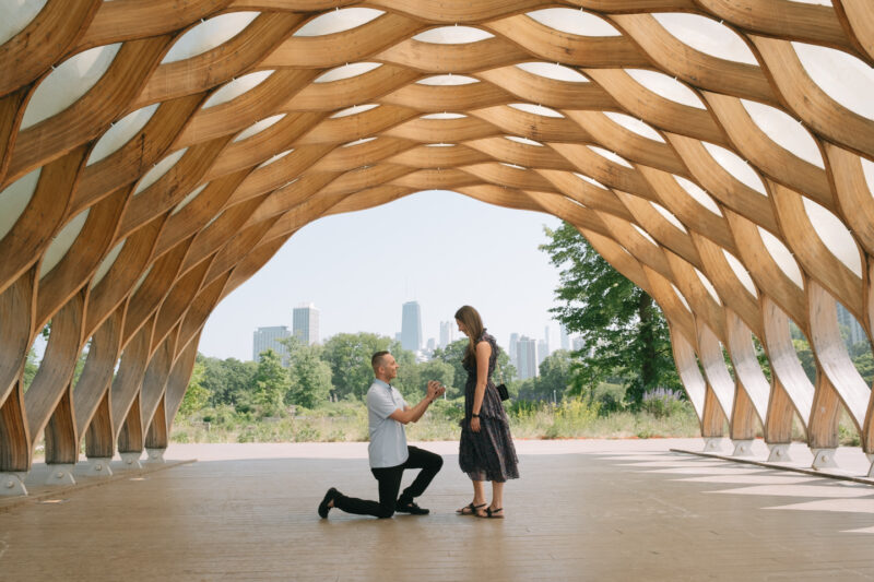 A man proposing to a woman in a wooden structure captured by Beloveful photography.